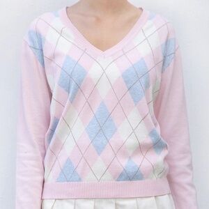 Tommy Hilfiger Argyle Sweater Long Sleeve T-shirt Pastel V-neck Preppy Orange